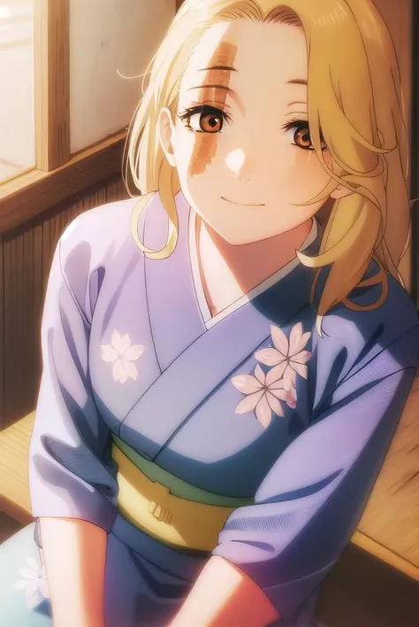 jigokuyui, <lora:jigoku yui s1-lora-nochekaiser:1>,
yui, long hair, blonde hair, (brown eyes:1.5), scar, scar on face, smile,
BREAK long sleeves, japanese clothes, kimono, sash, obi, grey kimono,
BREAK indoors,
BREAK looking at viewer, (cowboy shot:1.5),
BREAK <lyco:GoodHands-beta2:1>, (masterpiece:1.2), best quality, high resolution, unity 8k wallpaper, (illustration:0.8), (beautiful detailed eyes:1.6), extremely detailed face, perfect lighting, extremely detailed CG, (perfect hands, perfect anatomy),