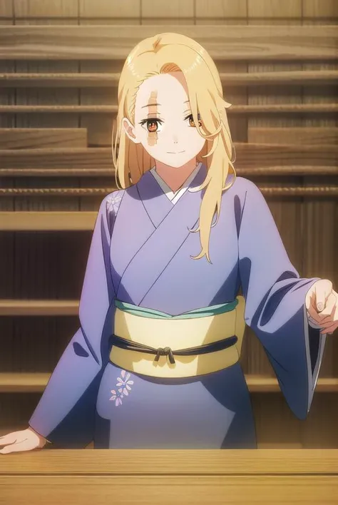 jigokuyui, <lora:jigoku yui s1-lora-nochekaiser:1>,
yui, long hair, blonde hair, (brown eyes:1.5), scar, scar on face, smile,
BREAK long sleeves, japanese clothes, kimono, sash, obi, grey kimono,
BREAK indoors,
BREAK looking at viewer, (cowboy shot:1.5),
BREAK <lyco:GoodHands-beta2:1>, (masterpiece:1.2), best quality, high resolution, unity 8k wallpaper, (illustration:0.8), (beautiful detailed eyes:1.6), extremely detailed face, perfect lighting, extremely detailed CG, (perfect hands, perfect anatomy),