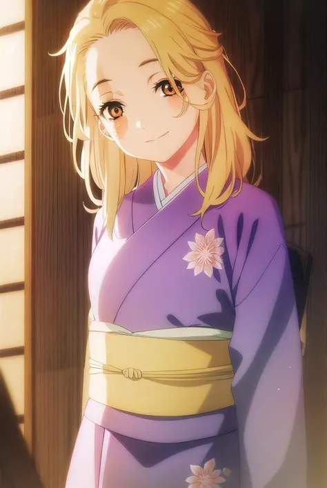 jigokuyui, <lora:jigoku yui s1-lora-nochekaiser:1>,
yui, long hair, blonde hair, (brown eyes:1.5), scar, scar on face, smile,
BREAK long sleeves, japanese clothes, kimono, sash, obi, grey kimono,
BREAK indoors,
BREAK looking at viewer, (cowboy shot:1.5),
BREAK <lyco:GoodHands-beta2:1>, (masterpiece:1.2), best quality, high resolution, unity 8k wallpaper, (illustration:0.8), (beautiful detailed eyes:1.6), extremely detailed face, perfect lighting, extremely detailed CG, (perfect hands, perfect anatomy),