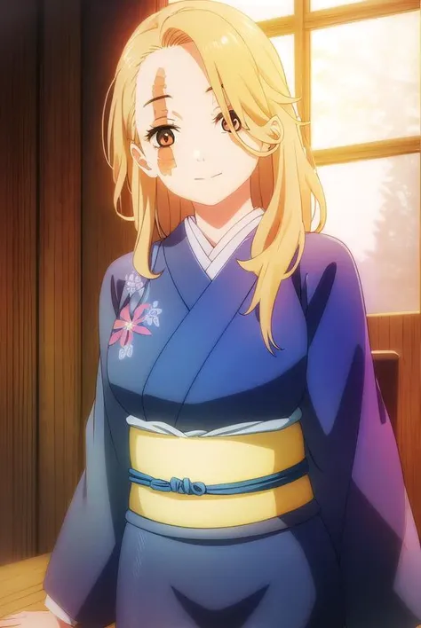 jigokuyui, <lora:jigoku yui s1-lora-nochekaiser:1>,
yui, long hair, blonde hair, (brown eyes:1.5), scar, scar on face, smile,
BREAK long sleeves, japanese clothes, kimono, sash, obi, grey kimono,
BREAK indoors,
BREAK looking at viewer, (cowboy shot:1.5),
BREAK <lyco:GoodHands-beta2:1>, (masterpiece:1.2), best quality, high resolution, unity 8k wallpaper, (illustration:0.8), (beautiful detailed eyes:1.6), extremely detailed face, perfect lighting, extremely detailed CG, (perfect hands, perfect anatomy),