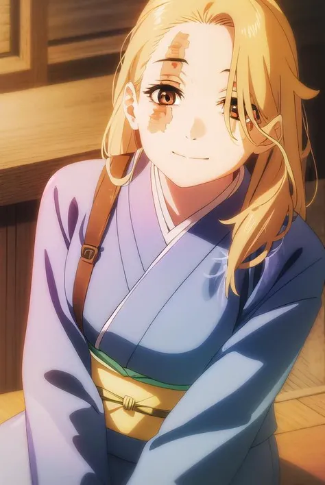 jigokuyui, <lora:jigoku yui s1-lora-nochekaiser:1>,
yui, long hair, blonde hair, (brown eyes:1.5), scar, scar on face, smile,
BREAK long sleeves, japanese clothes, kimono, sash, obi, grey kimono,
BREAK indoors,
BREAK looking at viewer, (cowboy shot:1.5),
BREAK <lyco:GoodHands-beta2:1>, (masterpiece:1.2), best quality, high resolution, unity 8k wallpaper, (illustration:0.8), (beautiful detailed eyes:1.6), extremely detailed face, perfect lighting, extremely detailed CG, (perfect hands, perfect anatomy),