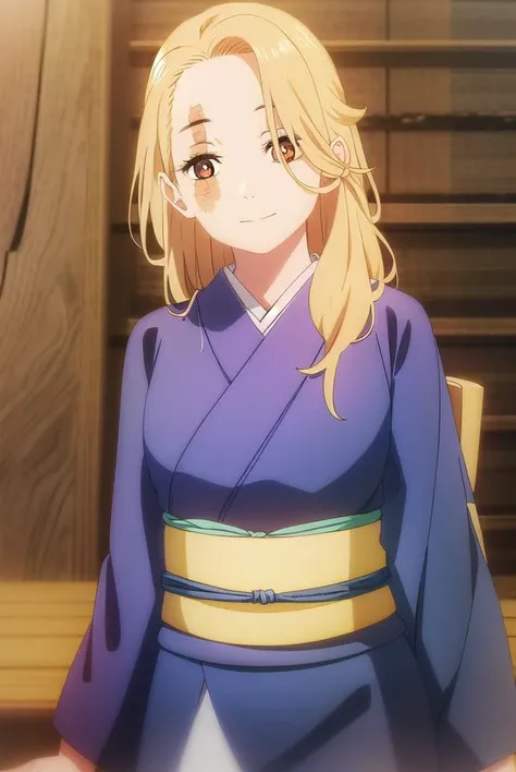 jigokuyui, <lora:jigoku yui s1-lora-nochekaiser:1>,
yui, long hair, blonde hair, (brown eyes:1.5), scar, scar on face, smile,
BREAK long sleeves, japanese clothes, kimono, sash, obi, grey kimono,
BREAK indoors,
BREAK looking at viewer, (cowboy shot:1.5),
BREAK <lyco:GoodHands-beta2:1>, (masterpiece:1.2), best quality, high resolution, unity 8k wallpaper, (illustration:0.8), (beautiful detailed eyes:1.6), extremely detailed face, perfect lighting, extremely detailed CG, (perfect hands, perfect anatomy),
