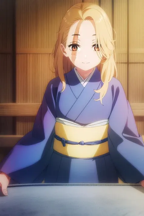 jigokuyui, <lora:jigoku yui s1-lora-nochekaiser:1>,
yui, long hair, blonde hair, (brown eyes:1.5), scar, scar on face, smile,
BREAK long sleeves, japanese clothes, kimono, sash, obi, grey kimono,
BREAK indoors,
BREAK looking at viewer, (cowboy shot:1.5),
BREAK <lyco:GoodHands-beta2:1>, (masterpiece:1.2), best quality, high resolution, unity 8k wallpaper, (illustration:0.8), (beautiful detailed eyes:1.6), extremely detailed face, perfect lighting, extremely detailed CG, (perfect hands, perfect anatomy),