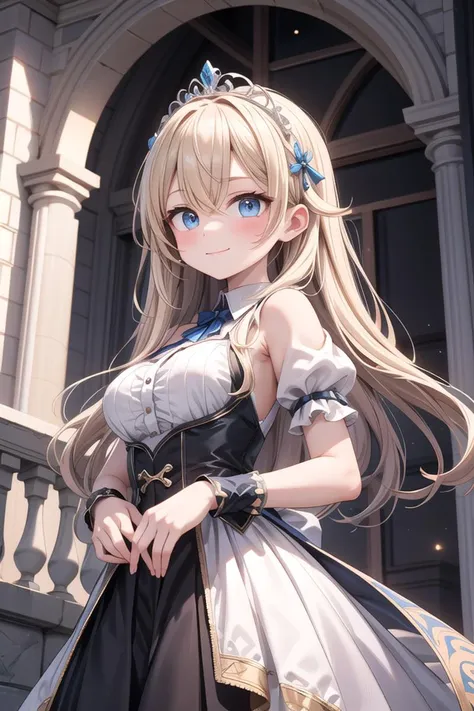 insanely detailed, absurdres, ultra-highres, ultra-detailed, best quality,
1girl, solo, nice hands, perfect hands
BREAK
princess, wearing princess costume, princess dress with many frills, (tiara:1.3) on hair, (nsfw:-1.5)
BREAK
happy smile, laugh, closed mouth
BREAK
from below,
standing, cowboy shot, looking at viewer
BREAK
slender, kawaii, perfect symmetrical face, ultra cute girl, ultra cute face, ultra detailed eyes, ultra detailed hair, ultra cute, ultra beautiful
BREAK
(fantasy world, in castle), depth of field
BREAK
large  breasts
BREAK
blonde hair, long hair, messy hair, blue eyes, hair between eyes