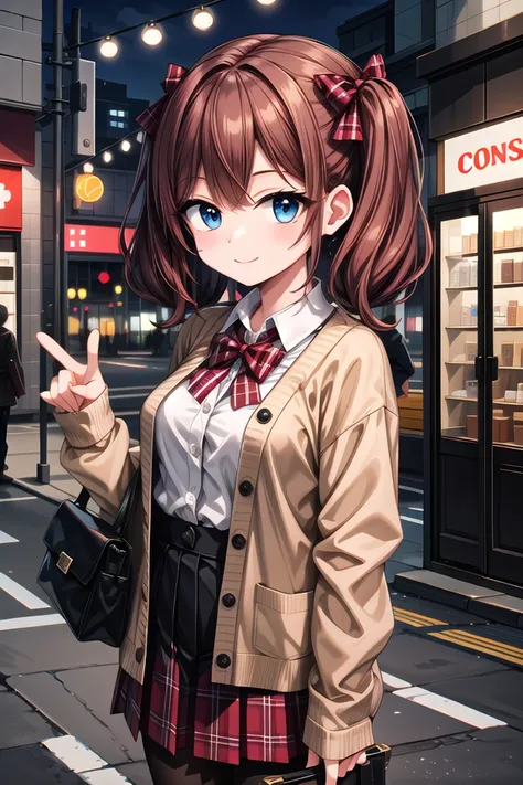 insanely detailed, absurdres, ultra-highres, ultra-detailed, best quality,
1girl, solo, nice hands, perfect hands
BREAK
(School Uniforms:1.2), (pink cardigan is fit body:1.4), ((do up a buttons, not loose):1.5), ((long sleeve, sleeves past wrists):1.2), (inner wear is white collared-shirt:1.3), (red plaid-pattern bow:1.3), (red plaid-pattern pleated skirt:1.3), ((dark-brown pantyhose, loafers):1.2)
BREAK
(nsfw:-1.5)
BREAK
happy smile, laugh, closed mouth
BREAK
,
standing, cowboy shot, looking at viewer
BREAK
slender, kawaii, perfect symmetrical face, ultra cute girl, ultra cute face, ultra detailed eyes, ultra detailed hair, ultra cute, ultra beautiful
BREAK
in street, cityscape in harajuku, depth of field, ultra detailed background
BREAK
medium large breasts
BREAK
hime cut, (low twintails:1.3), messy hair, medium hair, (red brown hair, dark blue eyes:1.3)
<lora:eyecolle_torenia_v100:0.5> <lora:eyecolle_nadeshiko_v100:0.5>