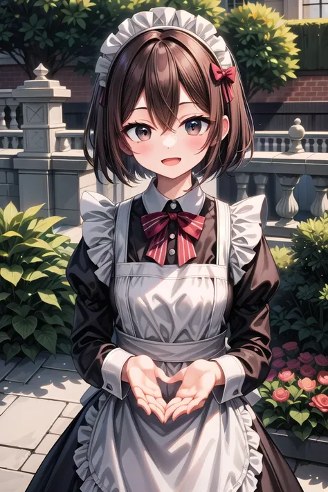 insanely detailed, absurdres, ultra-highres, ultra-detailed, best quality,
1girl, solo, nice hands, perfect hands
BREAK
(cleavage:-1.5),
(traditional maid:1.2),
apron, blush, bow, bowtie, frilled apron, frills, long sleeves, maid, maid apron, maid headdress, waist apron, white apron,
(maid costume, maid hair dress:1.3), long skirt
BREAK
happy smile, laugh, open mouth
BREAK
,
standing, cowboy shot, looking at viewer
BREAK
slender, kawaii, perfect symmetrical face, ultra cute girl, ultra cute face, ultra detailed eyes, ultra detailed hair, ultra cute, ultra beautiful
BREAK
fantasy world, garden of a castle, depth of field, ultra detailed background
BREAK
medium breasts
BREAK
(brown hair, brown eyes), short bob cut, hair between eyes