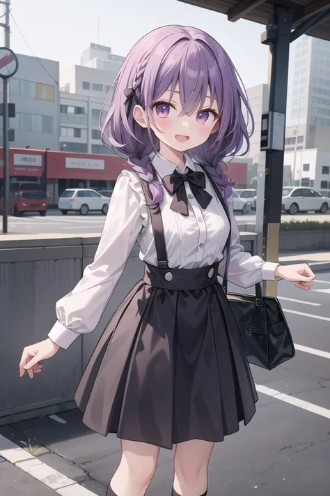 insanely detailed, absurdres, ultra-highres, ultra-detailed, best quality,
1girl, solo, nice hands, perfect hands
BREAK
braid, shirt, holding, mary janes, socks, black skirt, long hair, white shirt, suspender skirt, white socks, long sleeves, ribbon, suspenders, standing, ruffles, black ribbon, bow , black bow tie, long skirt, black bow, neck ribbon, bowtie, bag
BREAK
(nsfw:-1.5)
BREAK
happy smile, laugh, open mouth
BREAK
standing, cowboy shot, looking at viewer
BREAK
slender, kawaii, perfect symmetrical face, ultra cute girl, ultra cute face, ultra detailed eyes, ultra detailed hair, ultra cute, ultra beautiful
BREAK
in school ground, depth of field, ultra detailed background
BREAK
large breasts
BREAK
(purple hair:1.3), red eyes, milkmaid braids, hair between eyes