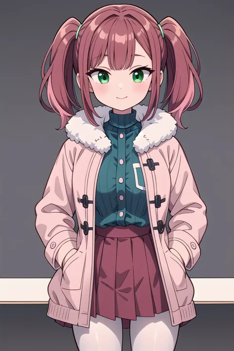 insanely detailed, absurdres, ultra-highres, ultra-detailed, best quality,
1girl, solo, nice hands, perfect hands
BREAK
(pink and white theme:1.4), (Wearing a (long sleeve pink coat with fur color) over a white high neck blouse:1.4), (fur cuffs:1.3), (double pillar button:1.3), (pocketless:1.4), (plain ivory-white pantyhose:1.4), (pink heeled boots with lace-up:1.2)
BREAK
(wine-red pleated skirt:1.3)
BREAK
(nsfw:-1.5)
BREAK
happy smile, laugh, closed mouth
BREAK
(45 angle:-1.5), (from side:-1.5),
standing, cowboy shot, looking at viewer
BREAK
slender, kawaii, perfect symmetrical face, ultra cute girl, ultra cute face, ultra detailed eyes, ultra detailed hair, ultra cute, ultra beautiful
BREAK
in school ground, depth of field, ultra detailed background
BREAK
medium large breasts
BREAK
hime cut, (twintails:1.3), messy hair, medium hair, (red brown hair, emerald green eyes:1.3)
<lora:eyecolle_marigold_v100:0.5> <lora:eyecolle_artemisia_v100:0.5>