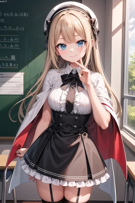 insanely detailed, absurdres, ultra-highres, ultra-detailed, best quality,
1girl, solo, nice hands, perfect hands
BREAK
(gothic drress, Idol costume:1.3), (pink and white theme:1.2), (white blouse:1.4), (white collar, tie:1.3), (open short-cape:1.3), (short sleeve:1.2), (pink tartan-check pattern (ruffle-skirt, multilayer-skirt):1.4), (white basque-beret with ribbon:1.3), (Fishnet stockings:1.3), (glove:1.2), (angel ring, halo:-1)
BREAK
happy smile, laugh, closed mouth
BREAK
standing, cowboy shot, looking at viewer
BREAK
slender, kawaii, perfect symmetrical face, ultra cute girl, ultra cute face, ultra detailed eyes, ultra detailed hair, ultra cute, ultra beautiful
BREAK
in classroom, school desk, school chair, chalkboard, depth of field, ultra detailed background
BREAK
medium large breasts
BREAK
blonde hair, blue eyes, halo braids,