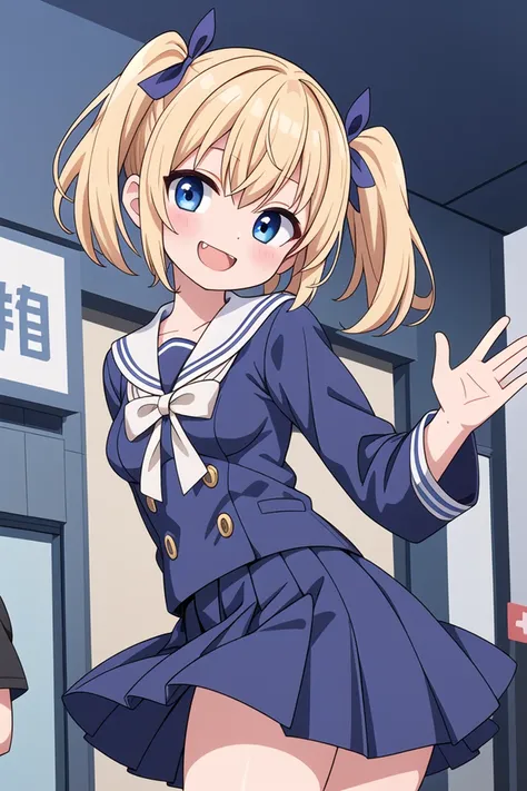 insanely detailed, absurdres, ultra-highres, ultra-detailed, best quality,
1girl, solo, nice hands, perfect hands,
BREAK
(wearing sailor school uniform, dark blue pleated skirt, white shirt),
(evil smile, ;3, smug, open mouth:1.3), fangs
BREAK
standing, hand on own face, 45 angle,
from below, cowboy shot, looking at viewer, tilt head
BREAK
slender, kawaii, perfect symmetrical face, ultra cute girl, ultra cute face, ultra detailed eyes, ultra detailed hair, ultra cute, ultra beautiful
BREAK
in harajuku, shibuya, tokyo, street, crowd, cityscape,
small breasts
BREAK
(gold blonde) hair, (short:1.3) twintails, blue eyes, blue hair ribbon, hair between eyes