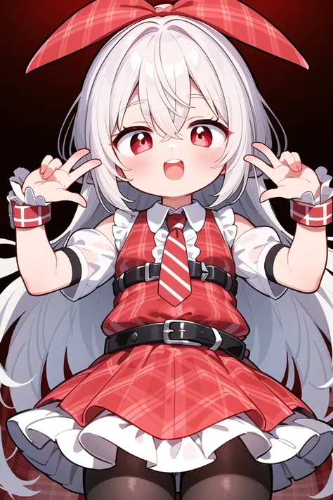 <lora:talkmouth_O_type2_v100:1>
insanely detailed, absurdres, ultra-highres, ultra-detailed, best quality,
1girl, solo, nice hands, perfect hands
BREAK
(Enchant:1.4), (red theme:1.5), ((red plaid pattern, tone on tone):1.4), (idol uniform:1.2), (fusion of sleeveless (red plaid pattern) vest and red sundress:1.4), (red tie:1.4), ((red plaid pattern) multi-layered skirt with ruffles:1.3), ((red:1.3) platform HIGH boots:1.1), (red plaid pattern ribbon on head:1.3)
    BREAK
    (short sleeve white collared-shirt dress layering:1.2), (black pantyhose:1.2), (belt:1.3), (wristband:1.3), (naked skin:-1), (black vest:-1), (white vest:-1), (black skirt:-1), (white skirt:-1), (cleavage:-1.5)
BREAK
smile, open mouth
BREAK
(45 angle:-1.5), (from side:-1.5),
standing, cowboy shot, looking at viewer
BREAK
slender, kawaii, perfect symmetrical face, ultra cute girl, ultra cute face, ultra detailed eyes, ultra detailed hair, ultra cute, ultra beautiful
BREAK
in coffee shop, depth of field, ultra detailed background
BREAK
medium large breasts
BREAK
grey hair, red eyes, bob, hair between eyes