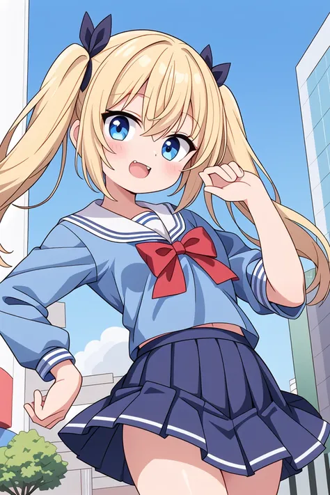 insanely detailed, absurdres, ultra-highres, ultra-detailed, best quality,
1girl, solo, nice hands, perfect hands,
BREAK
(wearing sailor school uniform, dark blue pleated skirt, white shirt),
(;3, smug, open mouth:1.3), fangs
BREAK
standing, hand on own face, 45 angle,
from below, cowboy shot, looking at viewer, tilt head
BREAK
slender, kawaii, perfect symmetrical face, ultra cute girl, ultra cute face, ultra detailed eyes, ultra detailed hair, ultra cute, ultra beautiful
BREAK
in harajuku, shibuya, tokyo, street, crowd, cityscape,
small breasts
BREAK
(gold blonde) hair, (short:1.3) twintails, blue eyes, blue hair ribbon, hair between eyes