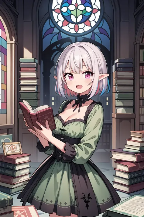 insanely detailed, absurdres, ultra-highres, ultra-detailed, best quality,
1girl, solo, nice hands, perfect hands
BREAK
elf girl, (wearing green dress:1.2), (nsfw:-1.5), (navel:-1)
BREAK
happy smile, laugh, open mouth
BREAK
,
standing, cowboy shot, looking at viewer
BREAK
slender, kawaii, perfect symmetrical face, ultra cute girl, ultra cute face, ultra detailed eyes, ultra detailed hair, ultra cute, ultra beautiful
BREAK
fantasy world, (((((messy room))))),((((((gothic room)))))),((dark atmosphere)),(((canopy))),clutter,(((lots of colorful books:1.5))),((Miscellaneous goods are placed in a mess:1.5)),(((colorful sphere))),(((Stained glass:1.3)))
BREAK
large breasts, cleavage,
BREAK
silver hair, medium hair, elf ear, pink eyes