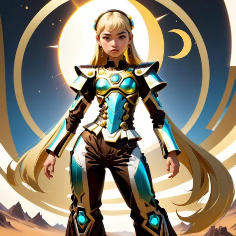 TshirtDesignAF female AI-generated Art Specialist, , Youth, Full-figured, Pacific Islander, Dark brown eyes, Oval Ears, Unusual face shape, Graceful Eyebrows, , Sandy Blonde Blunt bangs hair, Grief, Solar-powered Radiance, Character basks in sunlight with arms outstretched, absorbing solar energy through integrated panels, wearing Holo-Metallic Wide-Leg Pants, Damask Augmented Reality Gaucho Pants, , , Robotic Facial Prosthetic ,,, Striking a pose while powering on or activating an android body., <lora:TShirtDesignRedmondV2-Tshirtdesign-TshirtDesignAF:1>