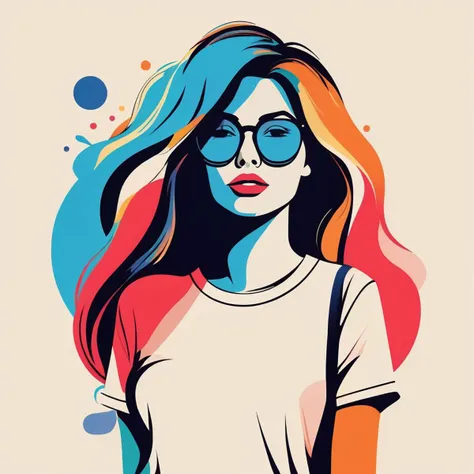 Minimalism art of T-shirt logo design of a lewd lady with long messy hair, wearing glasses and tight skirt with pantyhose, nose blush, half-closed eyes, open mouth, front view, solo, colorful, sfw <lora:TShirtDesignRedmondV2-Tshirtdesign-TshirtDesignAF:1>, abstract, simple geometric shapes, hard edges, sleek contours, Minimalism