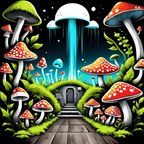 T shirt design TshirtDesignAF Garden, Toilet Paper,Cutlery (Forks, Knives, Spoons),Air Conditioner,Washing Machine, Reinforced Concrete,Engineered Wood Flooring,Pile Weave tapestry, Bio-luminescent Mushrooms, Wall Washing, <lora:TShirtDesignRedmondV2-Tshirtdesign-TshirtDesignAF:1>