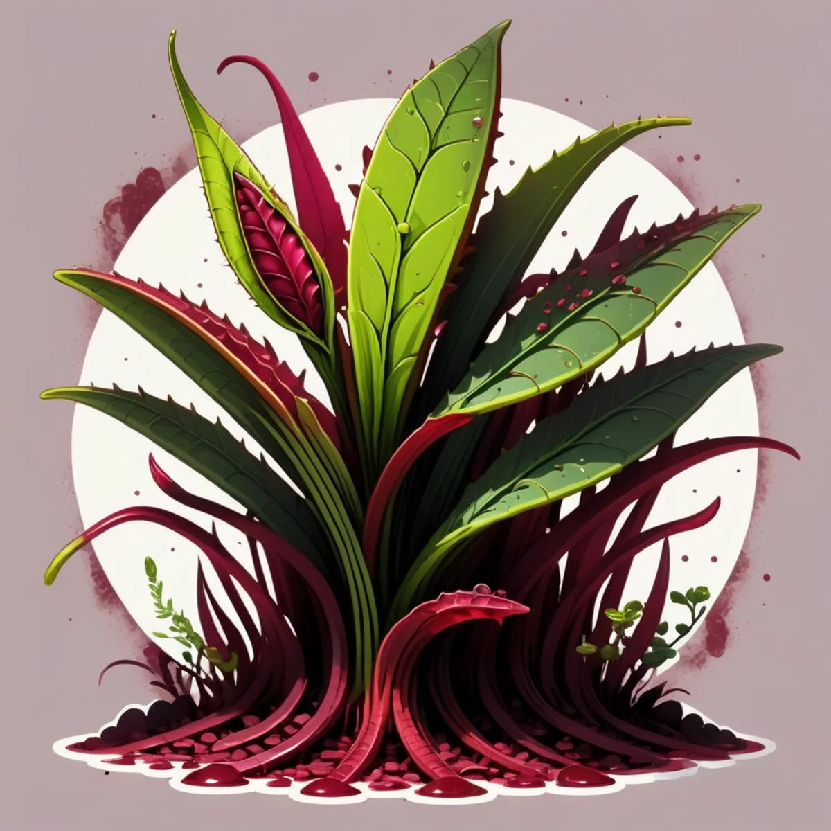 T shirt design TshirtDesignAF Small Ruby Slender-arching Semicircular plant, Slimy Texture Ribbed Culm, Scaly, Calyculate, Opposite, Shallow root , <lora:TShirtDesignRedmondV2-Tshirtdesign-TshirtDesignAF:1>