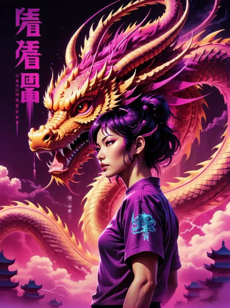 neonpunk style poster,(Chinese text, "Year of the Dragon"),(featuring a Chinese dragon, sky, flying), cyberpunk, vaporwave, neon, vibes, vibrant, stunningly beautiful, crisp, detailed, sleek, ultramodern, magenta highlights, dark purple shadows, high contrast, cinematic, <lora:Movieer:1> <lora:TShirtDesignRedmondV2-Tshirtdesign-TshirtDesignAF:0.8> T shirt design, TshirtDesignAF
