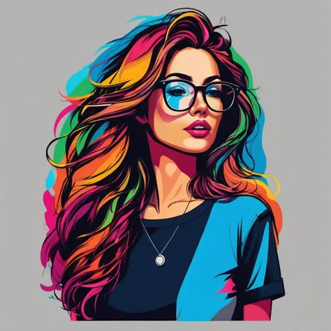 Conceptual Art of T-shirt logo design of a lewd lady with long messy hair, wearing glasses and tight skirt with pantyhose, nose blush, half-closed eyes, open mouth, front view, solo, colorful, sfw <lora:TShirtDesignRedmondV2-Tshirtdesign-TshirtDesignAF:1>, concept art