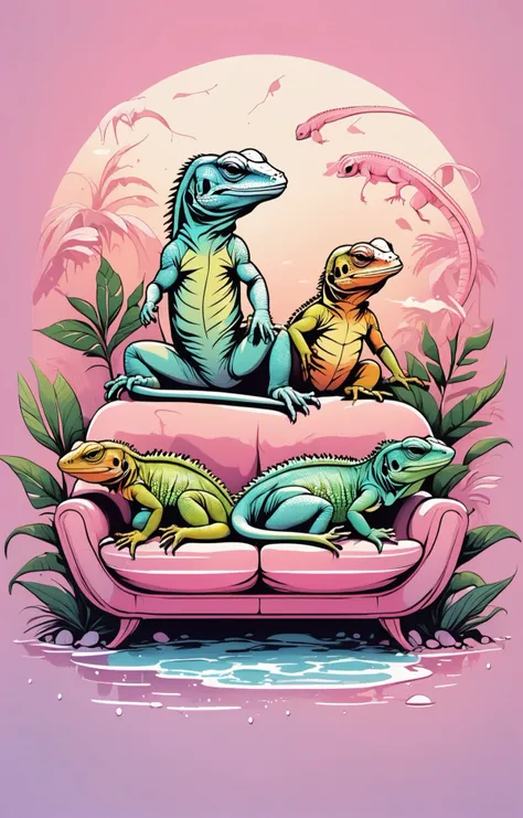 chillout design, pastel colors, a lounge of lizards, T shirt design, TshirtDesignAF, <lora:TShirtDesignRedmondV2-Tshirtdesign-TshirtDesignAF:1>