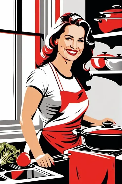 Fashionable T-shirt, Bold Red and Black and silver Color Palette, Contemporary Illustration Style, , <lora:TshirtDesignRedmond-TshirtDesignAF:1> TshirtDesignAF, A highly detailed mother in her kitchen preparing meal, window sunny day, happy, smiling,