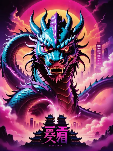 neonpunk style poster),(Chinese text, "Year of the Dragon"),(featuring a chinese dragon, sky, flying), cyberpunk, vaporwave, neon, vibes, vibrant, stunningly beautiful, crisp, detailed, sleek, ultramodern, magenta highlights, dark purple shadows, high contrast, cinematic, ultra detailed, intricate, professional, fantasy, exciting, dynamic <lora:Movieer:1> <lora:TShirtDesignRedmondV2-Tshirtdesign-TshirtDesignAF:0.8> T shirt design, TshirtDesignAF