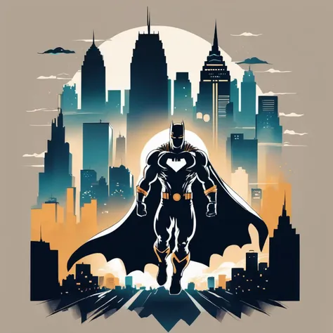 Graphic T-shirt, Iconic Superhero Character, City Skyline Landscape, Monochromatic Color Palette, Smooth Texture, Stencil Style, Aerial Perspective
, TshirtDesignAF<lora:TshirtDesignAF:1>