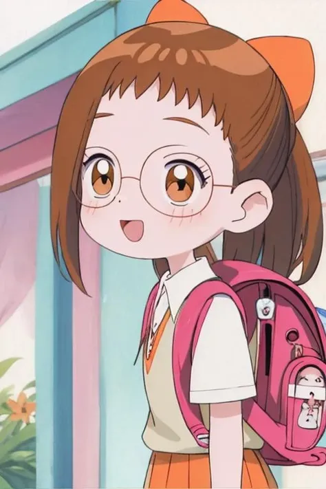 haduki,<lora:0010haduki-000040:1>,1girl,solo,school_uniform,randoseru,backpack,walking,:d,bowing,