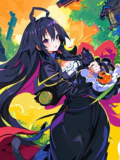 ((masterpiece,best quality)), (best quality:1.3), (ultra-detailed), (extremely detailed CG wallpaper), (Hyper extreme detailed), 4K, Heavy-looking tits, <lora:haradaTakehitoStyle_v10:0.6>,
<lora:droniaRefrainNoChika_v1:0.7>, (((Dronia))), ahoge, very long hair, black hair, long dress, black cape, frills, long sleeves, ((cat ears)), blush, the world of the town, kawaii, anime,