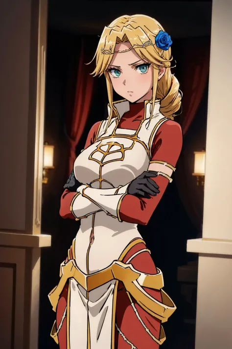 (masterpiece, best quality:1.2), cowboy shot, solo, 1girl, laykus, expressionless, looking at viewer, crossed arms, long hair, hair flower, armor, breastplate, bodysuit, pelvic curtain, gloves <lora:LakyusAlveinDaleAindra:1.0>