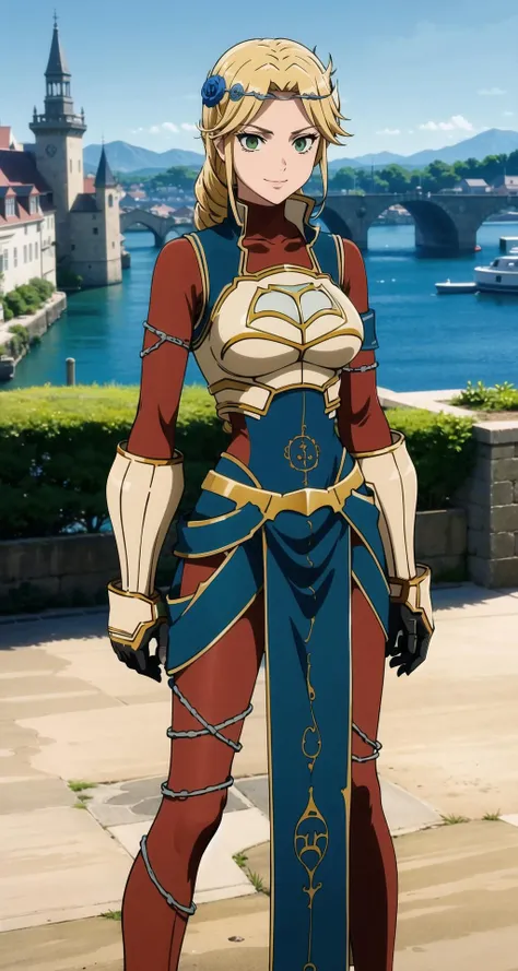 masterpiece, best quality, absurdres, perfect anatomy, 1girl, solo, Laykus, long hair, hair flower, gloves, armor, breastplate, bodysuit, pelvic curtain, standing, smile, outdoors, medieval city, castle in background,
<lora:LakyusAlveinDaleAindra:1>