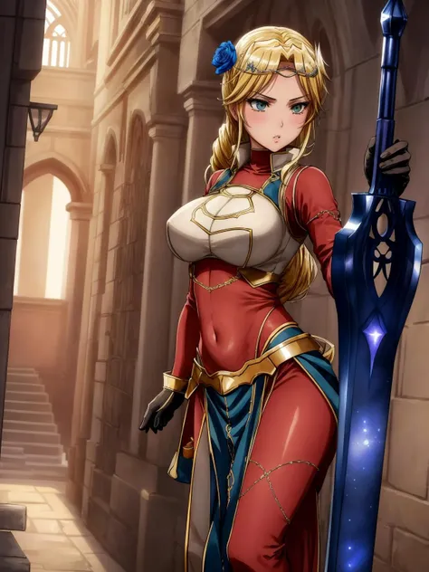 ((best quality)), ((masterpiece)), ((extremely detailed)), (perfect composition), illustration, high-res, realistic, prefect lighting, dynamicangle, absurdres, uncreditable absurdres, 1girl, Laykus, sole, full body, wielding a longsword, elegant female warrior, holy maiden breath, mature, sexy tabard, armor, breastplate, bodysuit, pelvic curtain, gloves, medium breasts, parted lips, long hair, hair flower, enchanting expressionless, explicit, embarrassed, nude, (Detailed face description), (Detailed eyes description), looking at viewer, shiny skin, outdoor, wonderland, medieval warfare. <lora:CHAR-LakyusAlveinDaleAindra:1> <lora:add_detail:0.75> <lora:AXE:0.15>