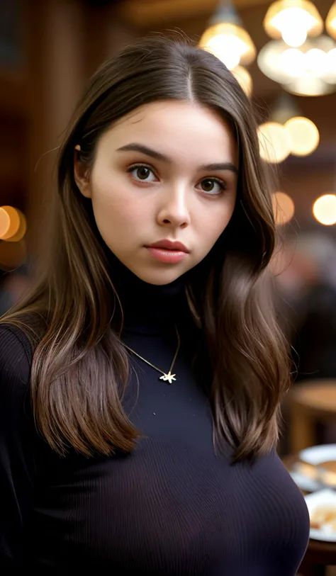 candid photo of (s0phi3:0.99), a young woman, long flowing brown hair, messy hair, (dark brown eyes), wearing a brown long-sleeve shirt, in a fancy restaurant, looking at the camera, realistic, (photorealistic), (detailed skin texture), (skin imperfections), (pores), bokeh, ((rim lighting)), (cinematic lighting:1.5), thin necklace, dry lips,
