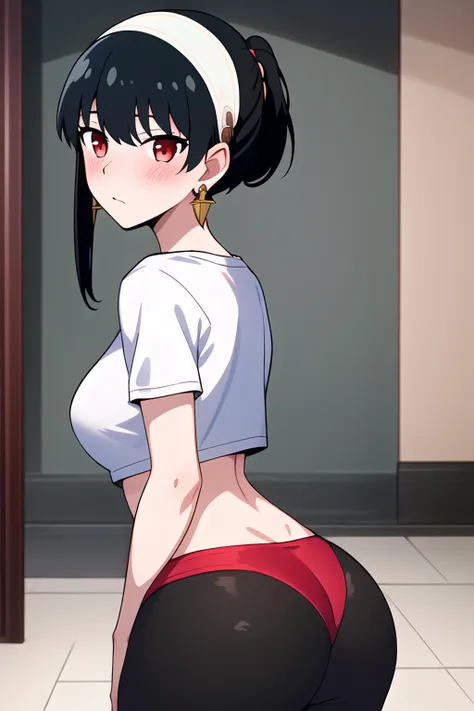 masterpiece,best quality,1girl,yor,bangs,black_hair,blush,crescent_earrings,earrings,ponytail,hoop_earrings,hairband,jewelry,large_breasts,red_eyes,oversized white t shirt,yoga pants,from behind,