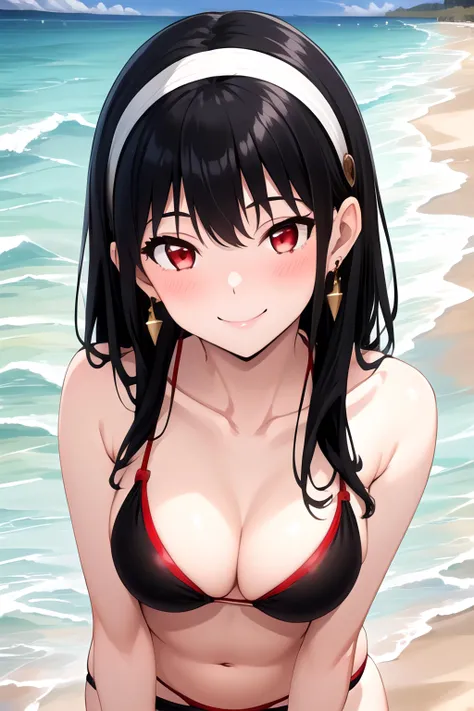 masterpiece,best quality,1girl,bangs,breasts,bare_shoulders,black_hair,blush,collarbone,crescent_earrings,earrings,hairband,hoop_earrings,jewelry,large_breasts,long_hair,looking_at_viewer,red_eyes,black bikini,beach,smile,closed mouth,posing,