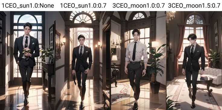 (masterpiece:1.2), (best quality:1.2), (extremely detailed:1.2), (photorealistic:1.2),(illustration:1.2),(beautiful and aesthetic:1.3),beautiful scenery,(Masterfully crafted Glow,lens flare),
(realistic:1.3), (extremely intricate:1.2), (photorealistic:1.4), (extremely delicate), (ultra realistic:1.3),(hyperrealistic 3d render), hyperrealistic photography, extremely detailed CG unity 8k wallpaper, HDR, RAW photo, dslr,
ceo,1male,mature male,solo,male focus,(full body:1.3),standing,black hair,side-split bangs,slender eyes,low brow, square jaw,(tanned brown skin:0.9),close mouth, formal,collared shirt,necktie,open jacket,black suit,black blaze,black pants,tall muscular guy,handsome face,sharp focus, wide shot,
day,indoors, living room, (intricately detailed visible background:0.6),((caustic)), floor windows, blue sky, curtains,table, couch, building, plant,reflective floor, cloud, wooden floor, dramatic shadow,bookshelf, railing, carpet,vase, hanging pictures, potted plant,
colourful,(Cinematic masterpiece),splashes of colour,beautiful, (center focus), symmetrical,(detailed glow),(intricately detailed visible background:0.6),((caustic)),ambient occlusion,photorealistic, digital painting, artstation, illustration, concept art, smooth, modern and trendy,
<lora:1CEO_sun1.0:None>