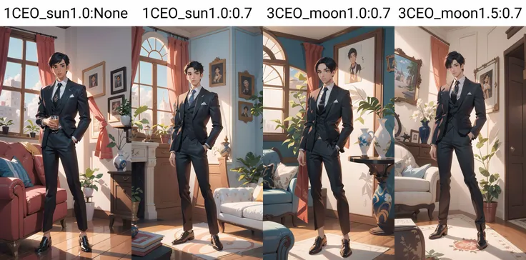 (masterpiece:1.2), (best quality:1.2), (extremely detailed:1.2), (photorealistic:1.2),(illustration:1.2),(beautiful and aesthetic:1.3),beautiful scenery,(Masterfully crafted Glow,lens flare),
(realistic:1.3), (extremely intricate:1.2), (photorealistic:1.4), (extremely delicate), (ultra realistic:1.3),(hyperrealistic 3d render), hyperrealistic photography, extremely detailed CG unity 8k wallpaper, HDR, RAW photo, dslr,
ceo,1male,mature male,solo,male focus,(full body:1.3),standing,black hair,side-split bangs,slender eyes,low brow, square jaw,(tanned brown skin:0.9),close mouth, formal,collared shirt,necktie,open jacket,black suit,black blaze,black pants,tall muscular guy,handsome face,sharp focus, wide shot,
day,indoors, living room, (intricately detailed visible background:0.6),((caustic)), floor windows, blue sky, curtains,table, couch, building, plant,reflective floor, cloud, wooden floor, dramatic shadow,bookshelf, railing, carpet,vase, hanging pictures, potted plant,
colourful,(Cinematic masterpiece),splashes of colour,beautiful, (center focus), symmetrical,(detailed glow),(intricately detailed visible background:0.6),((caustic)),ambient occlusion,photorealistic, digital painting, artstation, illustration, concept art, smooth, modern and trendy,
<lora:1CEO_sun1.0:None>
