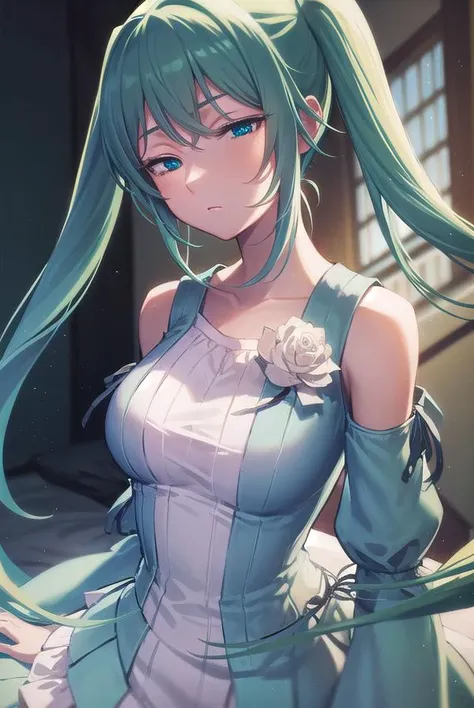 margaritablankenheim, <lora:margaritablankenheim-lora-nochekaiser:1>,
margarita blankenheim, aqua eyes, aqua hair, long hair, twintails, <lora:hotarueye_comic3_type3:1>,
BREAK aqua dress, bare shoulders, clothing cutout, collarbone, dress, frilled dress, frills, long dress, shoulder cutout, wide sleeves,
BREAK cowboy shot, looking at viewer,
BREAK indoors, bed,
BREAK <lyco:GoodHands-beta2:1>, (masterpiece:1.2), best quality, high resolution, unity 8k wallpaper, (illustration:0.8), (beautiful detailed eyes:1.6), extremely detailed face, perfect lighting, extremely detailed CG, (perfect hands, perfect anatomy),