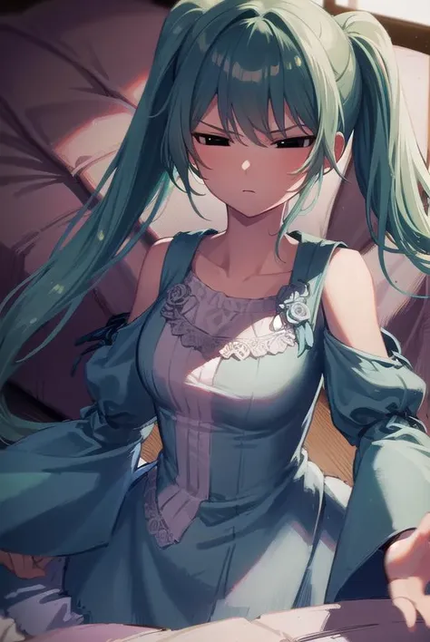 margaritablankenheim, <lora:margaritablankenheim-lora-nochekaiser:1>,
margarita blankenheim, aqua eyes, aqua hair, long hair, twintails, <lora:hotarueye_comic2_v100:1>,
BREAK aqua dress, bare shoulders, clothing cutout, collarbone, dress, frilled dress, frills, long dress, shoulder cutout, wide sleeves,
BREAK cowboy shot, looking at viewer,
BREAK indoors, bed,
BREAK <lyco:GoodHands-beta2:1>, (masterpiece:1.2), best quality, high resolution, unity 8k wallpaper, (illustration:0.8), (beautiful detailed eyes:1.6), extremely detailed face, perfect lighting, extremely detailed CG, (perfect hands, perfect anatomy),