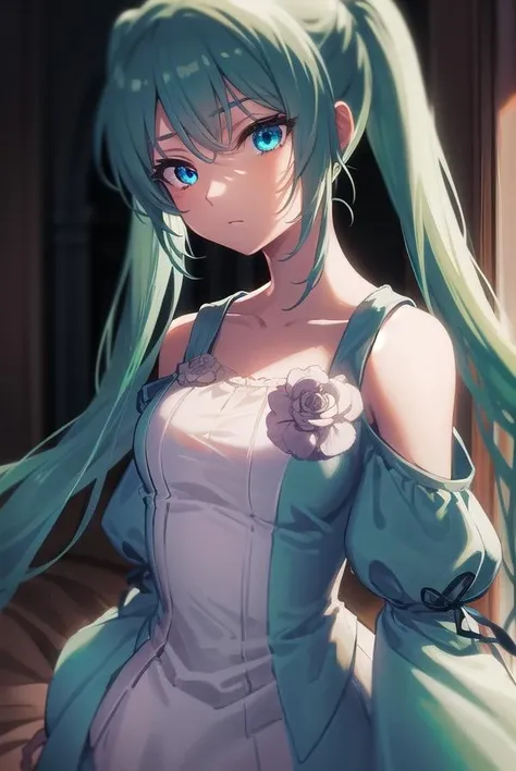 margaritablankenheim, <lora:margaritablankenheim-lora-nochekaiser:1>,
margarita blankenheim, aqua eyes, aqua hair, long hair, twintails,
BREAK aqua dress, bare shoulders, clothing cutout, collarbone, dress, frilled dress, frills, long dress, shoulder cutout, wide sleeves,
BREAK cowboy shot, looking at viewer,
BREAK indoors, bed,
BREAK <lyco:GoodHands-beta2:1>, (masterpiece:1.2), best quality, high resolution, unity 8k wallpaper, (illustration:0.8), (beautiful detailed eyes:1.6), extremely detailed face, perfect lighting, extremely detailed CG, (perfect hands, perfect anatomy),