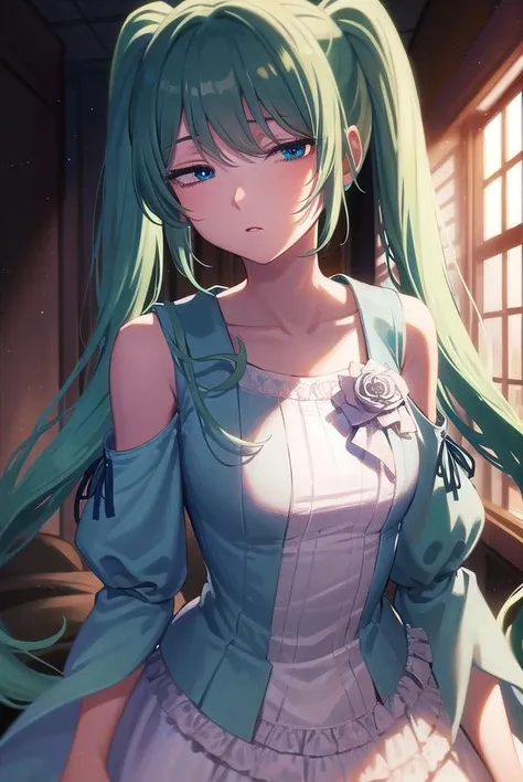 margaritablankenheim, <lora:margaritablankenheim-lora-nochekaiser:1>,
margarita blankenheim, aqua eyes, aqua hair, long hair, twintails, <lora:hotarueye_comic3_type3:1>,
BREAK aqua dress, bare shoulders, clothing cutout, collarbone, dress, frilled dress, frills, long dress, shoulder cutout, wide sleeves,
BREAK cowboy shot, looking at viewer,
BREAK indoors, bed,
BREAK <lyco:GoodHands-beta2:1>, (masterpiece:1.2), best quality, high resolution, unity 8k wallpaper, (illustration:0.8), (beautiful detailed eyes:1.6), extremely detailed face, perfect lighting, extremely detailed CG, (perfect hands, perfect anatomy),