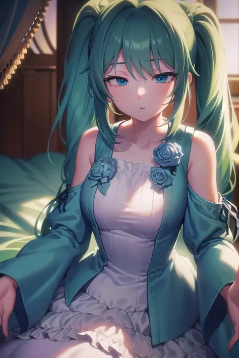 masterpiece, Highest quality, Black Dress、short hair、
Glare、anger、 (butterfly bow:1.0), Hair Bun,
whole body,Nipples,Small breasts,nsfw,Emerald green hair、sleep