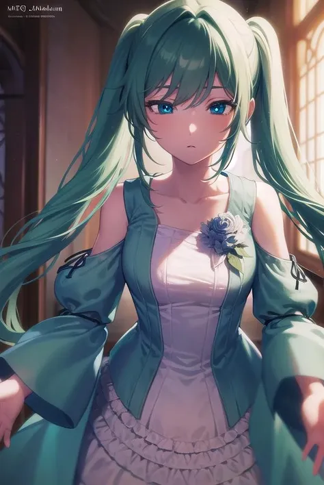 margaritablankenheim, <lyco:margaritablankenheim-lyco-nochekaiser:1>,
margarita blankenheim, aqua eyes, aqua hair, long hair, twintails, <lora:hotarueye_comic3_type2:1>,
BREAK aqua dress, bare shoulders, clothing cutout, collarbone, dress, frilled dress, frills, long dress, shoulder cutout, wide sleeves,
BREAK cowboy shot, looking at viewer,
BREAK indoors, bed,
BREAK <lyco:GoodHands-beta2:1>, (masterpiece:1.2), best quality, high resolution, unity 8k wallpaper, (illustration:0.8), (beautiful detailed eyes:1.6), extremely detailed face, perfect lighting, extremely detailed CG, (perfect hands, perfect anatomy),