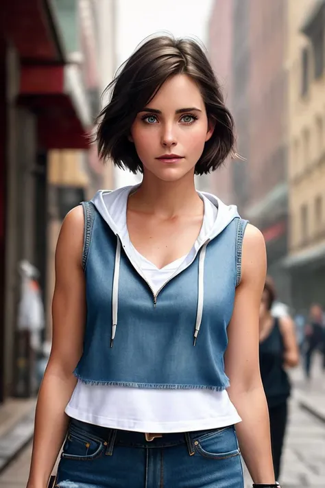 photo of (c0urt400:0.99), a woman (wearing a denim hoodie:1.2), (wearing a sleeveless white top:1.3), (short hair), modelshoot style, (extremely detailed CG unity 8k wallpaper), photo of the most beautiful artwork in the world, professional majestic oil painting by Ed Blinkey, Atey Ghailan, Studio Ghibli, by Jeremy Mann, Greg Manchess, Antonio Moro, trending on ArtStation, trending on CGSociety, Intricate, High Detail, Sharp focus, dramatic, photorealistic painting art by midjourney and greg rutkowski, leather belt, (walking down the street), (looking at viewer), (detailed eyes:1.2), closeup