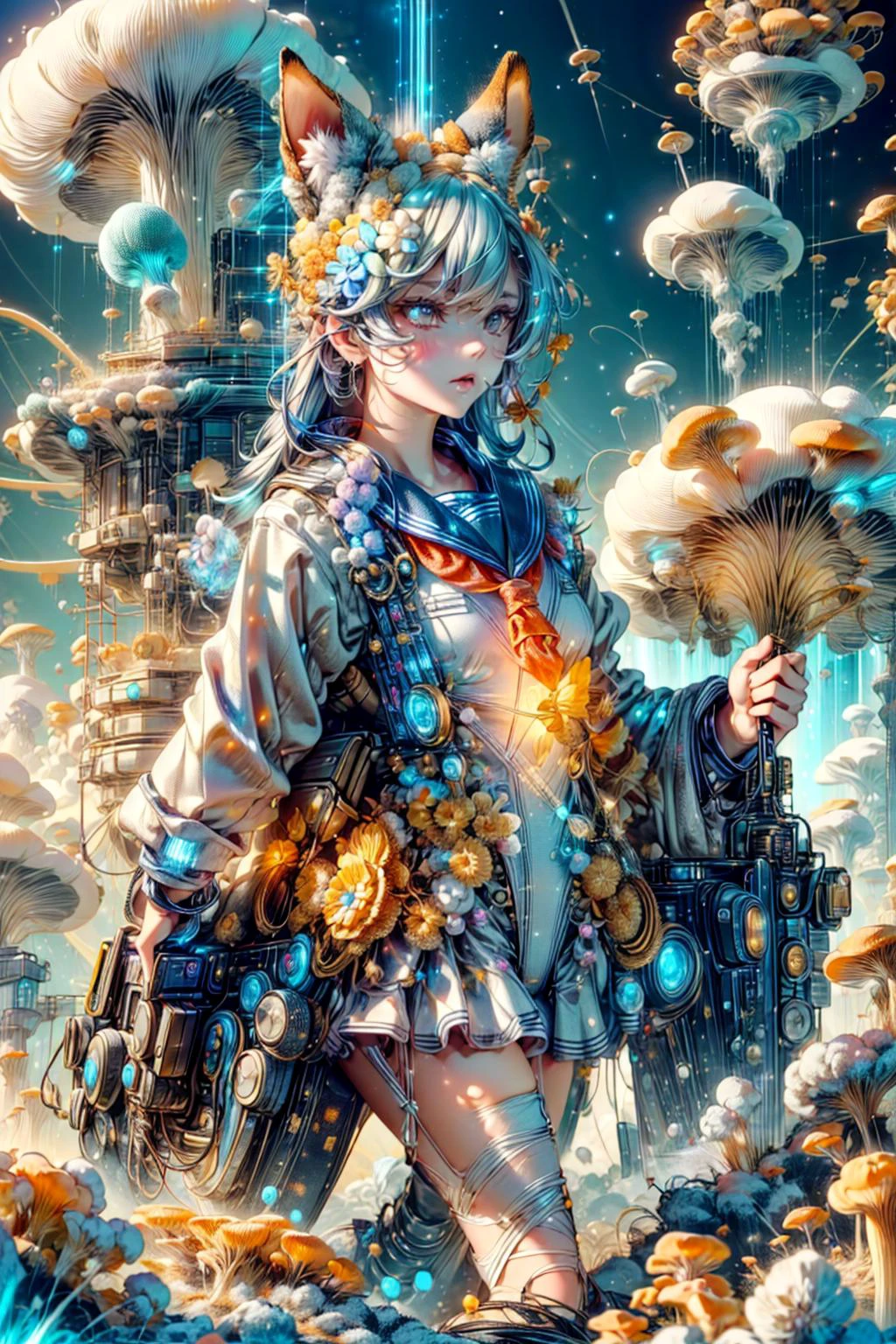 <lora:EnvyBeautyMix14:1>,<lora:seraleo-10:0.9>,(serafuku leotard),white leotard,dog ears,<lora:MyceliumTech-21:0.8>, myceliumtech,scifi,Psychedelic,Mycelia,spongy,
