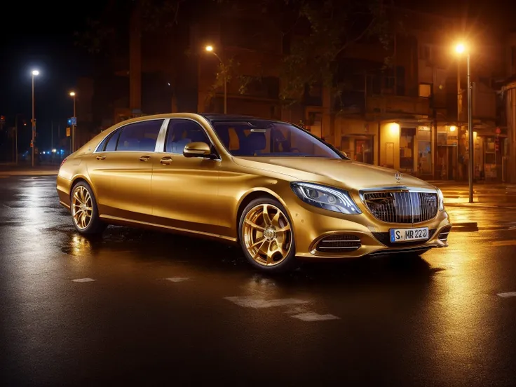 mastrepice, best quality, mercedes s-class, x222, 1car, (gold car:1.2), night, road background, rainy, official art,extremely detailed CG unity 8k wallpaper, high detail, Sharp focus, (photorealism), realistic, best quality, 8k, award winning, dramatic lighting, epic, cinematic, masterpiece <lora:MERCEDESMAYBACHSClassX222:0.7>