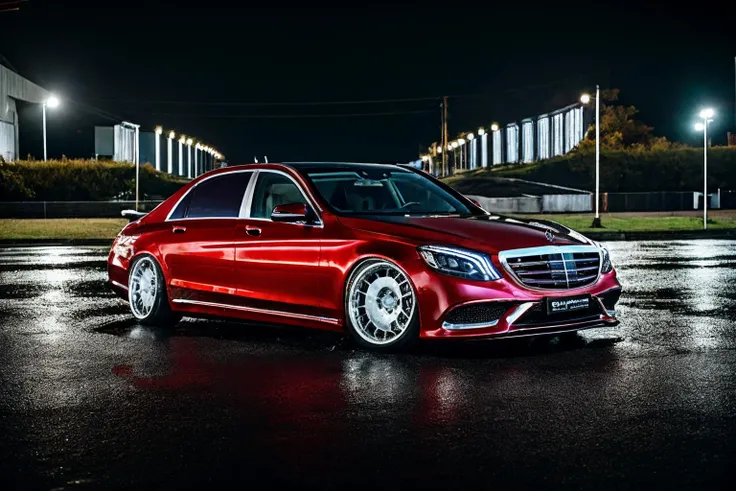 photo of a red mercedes s-class, x222, 1car, g, road background, rainy, official art,extremely detailed CG unity 8k wallpaper, high detail, Sharp focus, (photorealism), realistic, best quality, 8k, award winning, dramatic lighting, epic, cinematic, masterpiece, ultra detailed, beautiful, aesthetic, perfect lighting, <lora:MERCEDESMAYBACHSClassX222:0.6>, widebody sedan, (large fender flares:1.1), deep dish rims, racing wheels, ground vehicle, motor vehicle, <lora:conceptWB_v1:0.8>