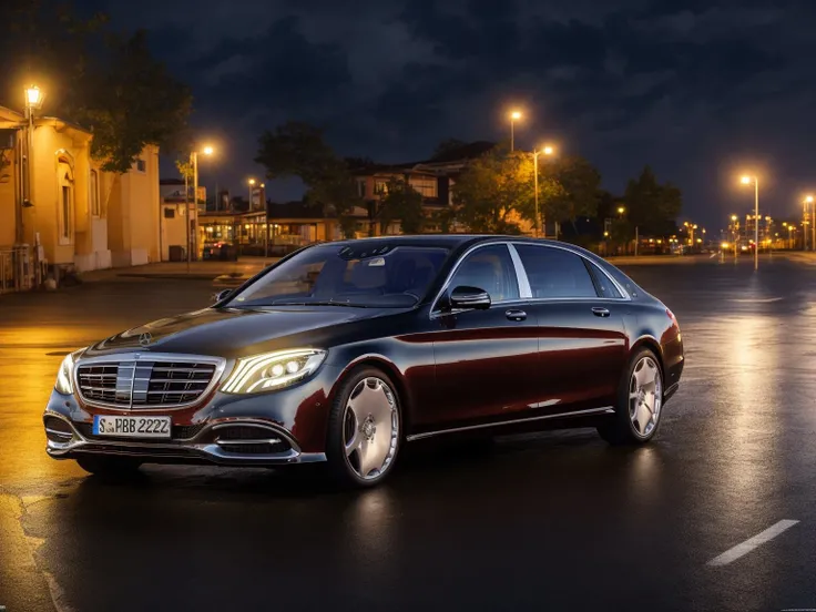 mastrepice, best quality, mercedes s-class, x222, 1car, black car, night, road background, rainy, official art,extremely detailed CG unity 8k wallpaper, high detail, Sharp focus, (photorealism), realistic, best quality, 8k, award winning, dramatic lighting, epic, cinematic, masterpiece <lora:MERCEDESMAYBACHSClassX222:0.7>