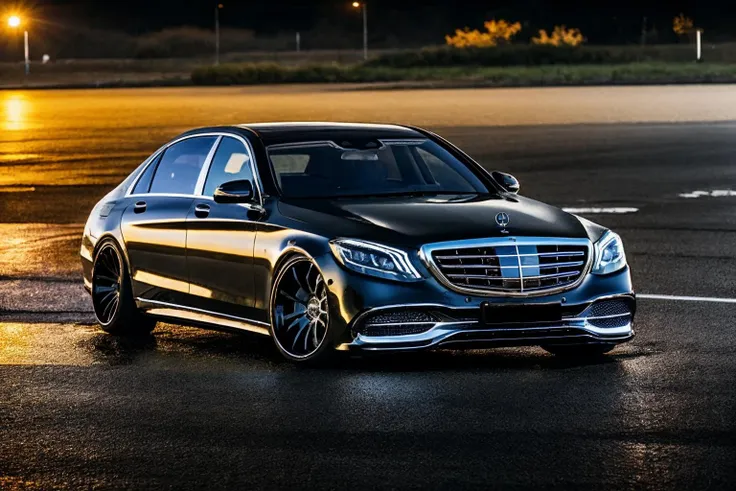 photo of a red mercedes s-class, x222, 1car, golden hour, road background, rainy, official art,extremely detailed CG unity 8k wallpaper, high detail, Sharp focus, (photorealism), realistic, best quality, 8k, award winning, dramatic lighting, epic, cinematic, masterpiece, ultra detailed, beautiful, aesthetic, perfect lighting, <lora:MERCEDESMAYBACHSClassX222:0.6>, widebody sedan, (large fender flares:1.1), deep dish rims, racing wheels, ground vehicle, motor vehicle, <lora:conceptWB_v1:0.8>