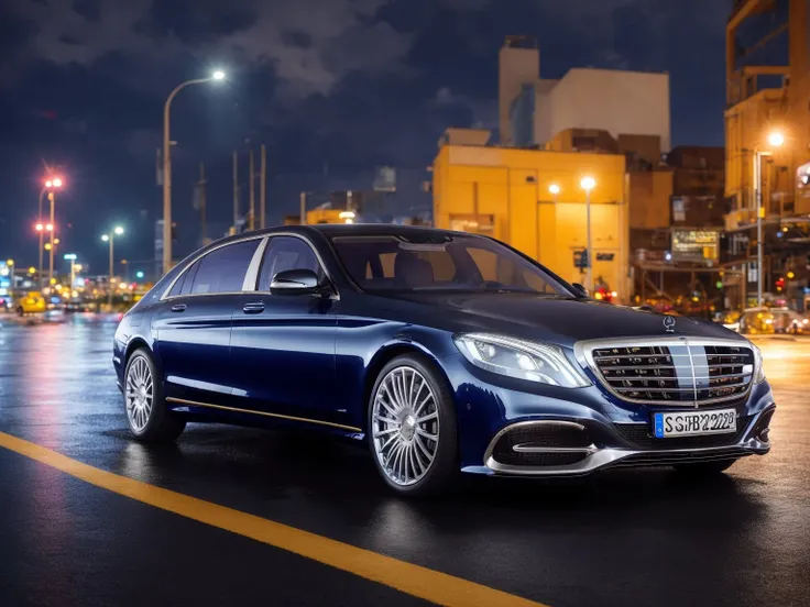mastrepice, best quality, mercedes s-class, x222, 1car, black car, night, road background, rainy, official art,extremely detailed CG unity 8k wallpaper, high detail, Sharp focus, (photorealism), realistic, best quality, 8k, award winning, dramatic lighting, epic, cinematic, masterpiece <lora:MERCEDESMAYBACHSClassX222:0.7>